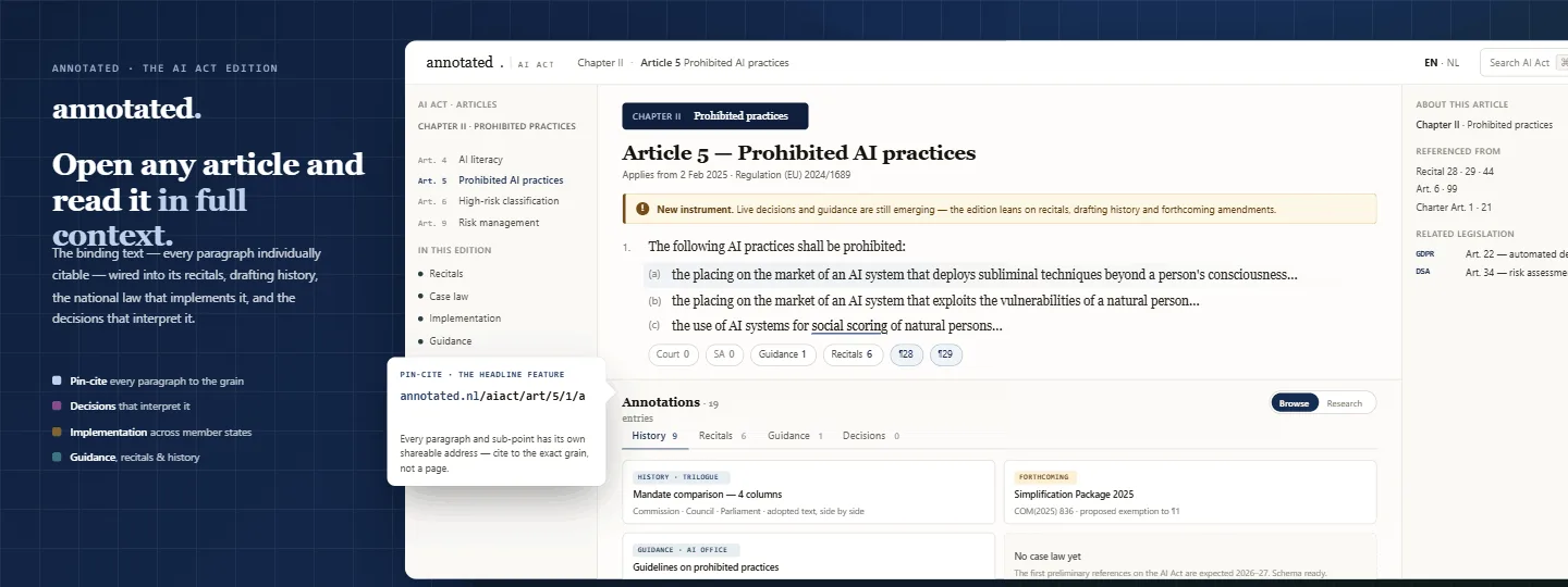The AI Act annotated edition — Article 5 (prohibited AI practices) shown in the reader in full context: the article text pin-cited to the paragraph, cross-references resolved, alongside its recitals, the four-column drafting-history mandate comparison, and the forthcoming amendments tracked against it.
