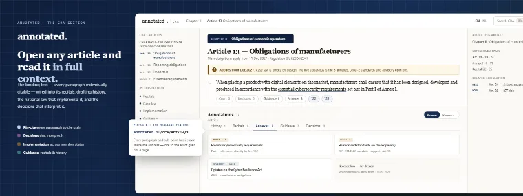 The CRA annotated edition — Article 13 (obligations of manufacturers) shown in the reader in full context: the article text pin-cited to the paragraph, cross-references resolved, alongside its recitals, the eight annexes, the Level-2 acts and harmonised standards, and the national implementing law.
