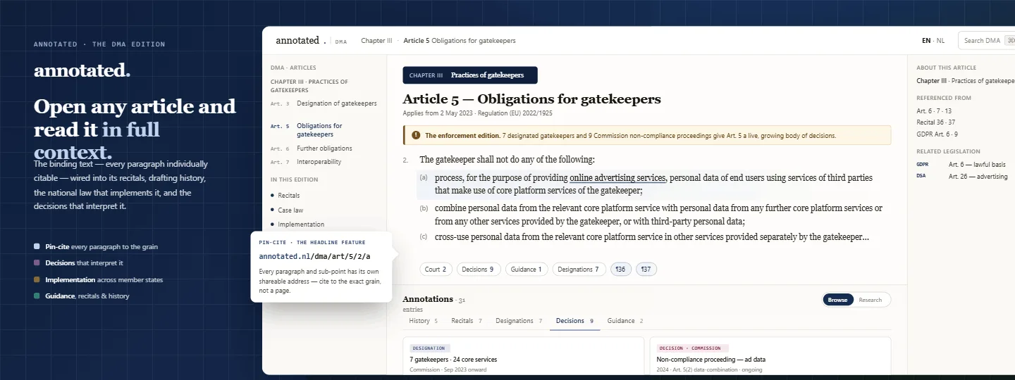 The DMA annotated edition — Article 5 (gatekeeper obligations) shown in the reader in full context: the article text pin-cited to the paragraph, cross-references resolved, alongside its recitals, the Commission gatekeeper designations and enforcement decisions, and the joint EDPB–Commission guidance.