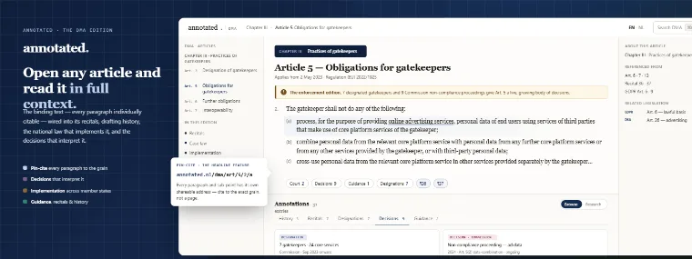 The DMA annotated edition — Article 5 (gatekeeper obligations) shown in the reader in full context: the article text pin-cited to the paragraph, cross-references resolved, alongside its recitals, the Commission gatekeeper designations and enforcement decisions, and the joint EDPB–Commission guidance.