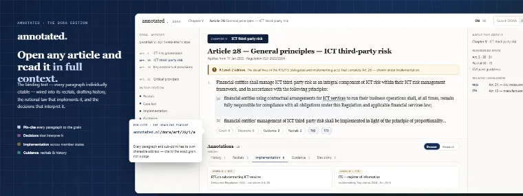 The DORA annotated edition — Article 28 (ICT third-party risk) shown in the reader in full context: the article text pin-cited to the paragraph, cross-references resolved, alongside its recitals, the Level-2 RTS/ITS from the ESAs, and supervisory guidance.