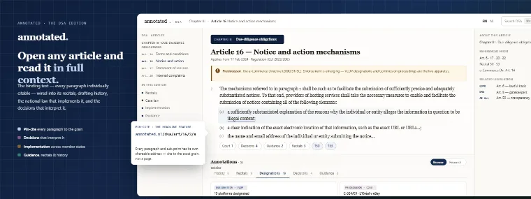 The DSA annotated edition — Article 16 (notice and action) shown in the reader in full context: the article text pin-cited to the paragraph, cross-references resolved, alongside its recitals, the e-Commerce Directive it succeeds, the Commission acts, and the platform designations.