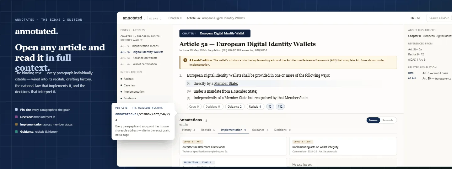 The eIDAS annotated edition — Article 5a (European Digital Identity Wallet) shown in the reader in full context: the article text pin-cited to the paragraph, cross-references resolved, alongside its recitals, the eIDAS 2.0 amendment chain, the EU implementing acts, and the predecessor eSignatures Directive.